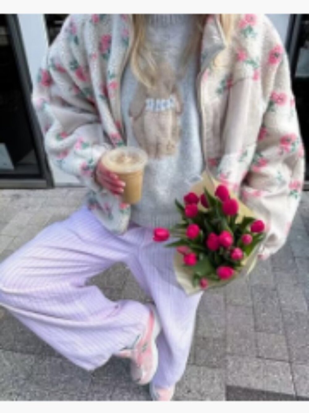 Women's Winter Casual Spliced Floral Fleece Jacket Fuzzy Oversized Faux Fur - Picture 5 of 7